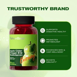 Sugar-Free Apple Cider Vinegar Gummies with The Mother & B12 – Vegan, Non-GMO Organic Supplement, 30 Count