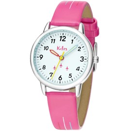 KDM Kids Watch Analog Quartz 30mm, Children's Time Teacher Watch for Boys Girls, Waterproof Wrist Watches Leather Strap, Kids Gifts Age 3-12, Rose Red