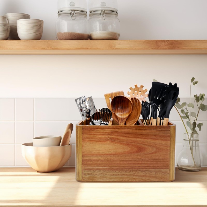 Wooden Kitchen Utensil Holder Organizer for Counter or Countertop, Large