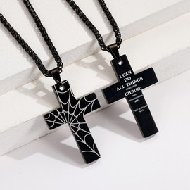 VULETO Cross Necklace for Men,Spider Web Bible Verse Black Cross Pendant Necklace Confirmation First Communion Jewelry Gifts for Teenager Philippians 4:13