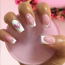 Press on Nails Medium Coffin Square French Tip Simple with White Pink Heart Design Fake Nails Full Cover Glossy Acrylic Glue on Nails Short Stick on Nails False Nails for Women 24Pcs XA-103-85