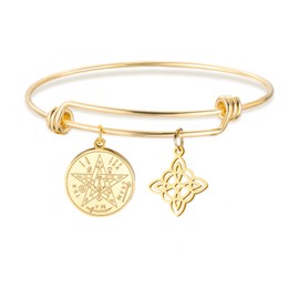 Witches Knot & Tetragrammaton Pentagram Pendant Bracelet for Women Stainless Steel Protection Charm Bangle Adjustable Witch's Knot Bracelet Occult Spiritual Inspired Jewelry (Gold)