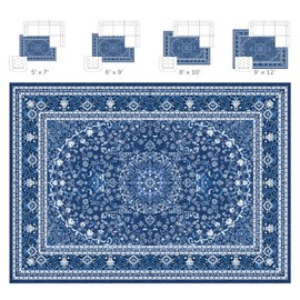 Lessymo Area Rugs 9x12 Living Room- Large Area Rug Machine Washable Area Rug for Bedroom Living Room, Vintage Rugs Boho Floral Medallion, Non-Slip Rubber, Low Pile, Kid & Pet Friendly, Blue White