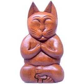 Brave Wings Hand Carved Wooden Small Storage Box ~ Meditating Cat ~ OOAK Ornament Sculpture Figurine Statue Unique Table Decoration Home Decor Gift for Christmas and Birthdays ~ 4051