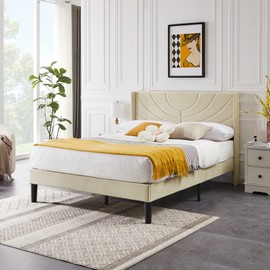 VECELO Queen Size Bed Frame Upholstered Platform with Wave Fabric Headboard,Wooden Slats Support/No Box Spring Needed/Mattress Foundation/Easy Assembly,Beige