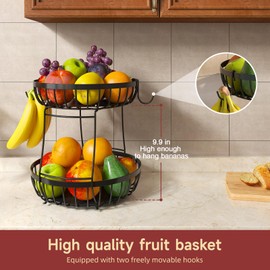 Sevenblue 2 Tier Fruit Basket for Kitchen Counter with 2 Banana Hangers, 2025 Pro Detachable Metal Fruit Bowl with Wooden Handle,Fruit Holder for Bread Snack Veggies, Black Extra Large