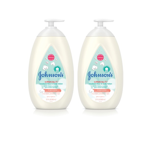 Johnson's CottonTouch Newborn Baby Face and Body Lotion, Hypoallergenic and Paraben-Free Moisturization for Baby's Sensitive Skin, Made with Real Cotton Twin Pack, 2 x 27.1 fl. oz