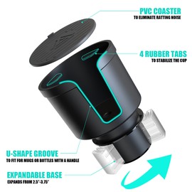 Upgraded Large Cup Holder Expander for Car with Offset Expandable Base Compatible with Yeti Mug10/14oz Yeti Rambler 20/24/26/30/36/46oz Hydro Flasks 32/40oz Other Large Bottles in 3.4"-4" Diameter