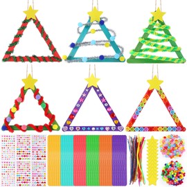 Vertintong 30 Sets Christmas Craft Kits for Kids DIY Stick Christmas Tree Ornaments Decoration Craft Stick Hairball Button Christmas Tree Sticker for Kids Holiday Classroom Activities Party Favors