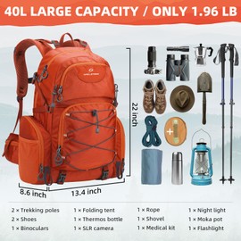 Maelstrom Hiking Backpack, 40L Waterproof Camping Daypack for Men and Women, Lightweight Travel Pack with Rain Cover-Orange