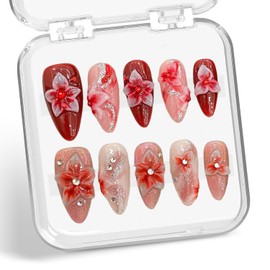 Flower Press on Nails Medium Almond Glitter Fake Nails 3D Luxury Floral Rhinestones Embossed Designs Handmade Press on Nails Muti-Layer Gel Thick False Nails Red Gradient Acrylic Nails (Size S)