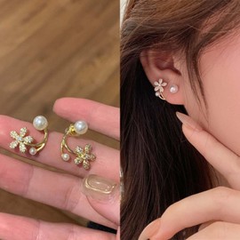 Zeshimb Pearl Ear Jacket Earrings Diamond CZ Flower Pearl Front Back Earrings Small Pearl Flower Stud Earrings Elegant Rhinestone Pearl Ear Wrap Earrings Bridal Jewelry for Women, Zinc, No Gemstone