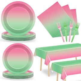 Yiaoyinnz 98Pcs Witch Party Supplies Gradient Pink and Green Paper Plates Napkins Tablecloth Witch Movie Birthday Themed Disposable Dessert Cake Tableware Set for Kids Baby Shower Party Decorations Serves 24
