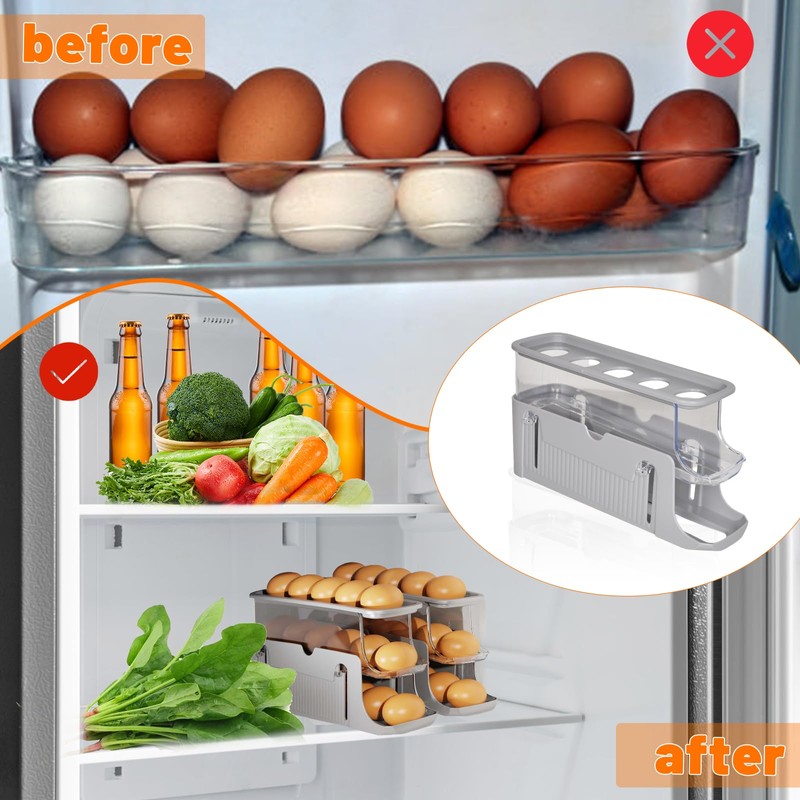 Rolling Egg Holder, Egg Container for Fridge, 3-Tier Egg Organiser,