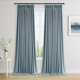 Blue Pinch Pleated 100% Blackout 96 Inches Long Curtains for Bedroom Living Room Thermal Insulated Linen Pinch Pleat Drapes with Hooks Rings 2 Panel Sets Neutral Back Tab Window Curtains Dusty Blue