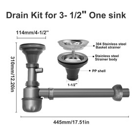 QruiLanTu 1 1/2" Sink Drain Kit P-Trap Drain Strainer Adjustable Height with 3-1/2" Kitchen Sink Drain Assembly Kit 304 Stainless Steel for Single Kitchen Sinks Bar Sinks and Laundry Sinks