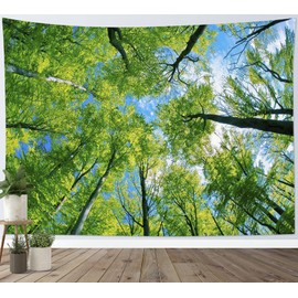 LB Nature Scenery Tapestry, Fresh Green Forest and Blue Sky, Sunshine Through Trees, Fashionable Wall Hanging, Fabric Decor, Landscape Photo, Multifunction Decor, Modern Art, Makeover, Room, Window