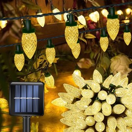 L LAMPOP C9 Solar Powered LED Christmas String Lights 50 LED Waterproof Strawberry Light with 8 Mode Green Wire Lighting for Outside Patio Wedding Party Decor