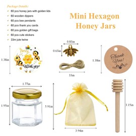 IIKUM 60 Pack 1.5 oz Hexagon Mini Glass Honey Jars with Wooden Dippers, Bee Pendants, Gift Bags, Thank You Cards, Jutes and Cute stickers- Perfect for Baby Shower, Wedding Favors and Party Favors