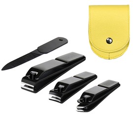 4-Piece Nail Clippers Set, Ultra Sharp Sturdy Black Stainless Fingernail, Toenail Clipper Cutter and a Nial File with Leather Travel Pouch (Black & Yellow Pouch)
