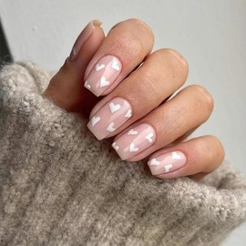 Valentine's Day Press on Nails Short Square Fake Nails Full Cover Nude False Nails with White Love Heart Designs Glossy Glue on Nails Valentine Artificial Acrylic Nails for Women Nail Art Decoration
