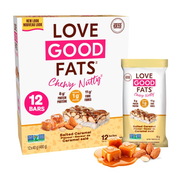 Love Good Fats Keto Protein Snack Bars - Chewy Nutty Salted Caramel with Almonds and White Chocolate - 13g Good Fats, 8g Protein, 4g Net Carbs, 1g Sugar, Gluten-Free, Non GMO, 12 Pack