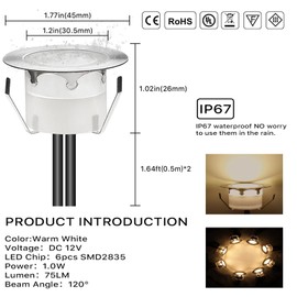 CISLAN LED Outdoor Deck Lights Kits, Warm White Φ1.77in Low Voltage 12V DC IP67 Waterproof, Electric Wired Recessed Round Up Landscape Lighting for Outside Yard Stair Step Floor Riser, 12 Pack Silver