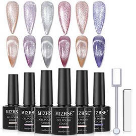 MIZHSE Crystal Cat Eye Nail Gel Polish Magnetic Gel Nail Polish with 1PC Universal Sliver Cat Eye gel, 2 Magnet Stick 10ml Soak Off UV LED Gel Nail Polish Set (6 Colors) (Crystal Cat Eye Nail Gel Set)
