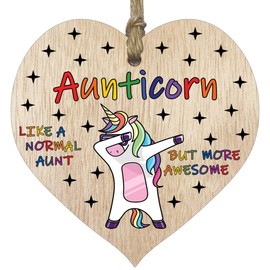 Auntie Birthday Gift for Her - Aunticorn - Wooden Heart Plaques, Light Wood Sign Keepsake, Funny Aunty Happy Birthday Plaque Auntie Gifts Unicorn Awesome Aunt Present from Nephew or Niece
