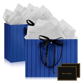 Gfractolux Gift Bags for Present, 2 Pcs Medium Gift Bags for Women Men with Tissue Paper and Cards, Gift Bags for Birthdays, Baby Shower, Wedding, Party, Holiday Presents 11"X7.9"X3.9" (Blue)