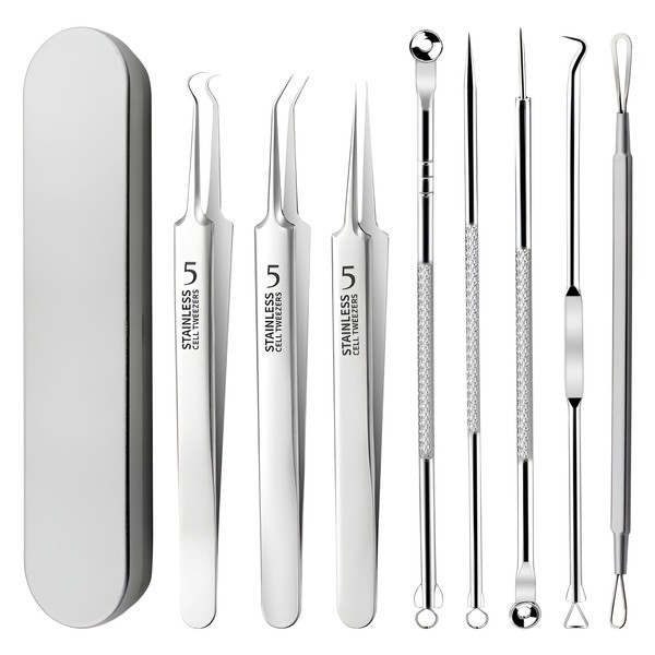ZSMJAER 8 pieces blackhead remover, comedone squeezer kit, tool for removing acne and blackheads made of stainless steel for facial defects, suitable for men and women