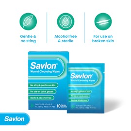Savlon Wound Cleansing Wipes, Alcohol Free, Cleaning Wipes For Wounds, Pack of 10 Wipes, Gentle, For Cuts And Grazes, Sterile, Alcohol Free, Biodegradable Plastic Free Wipes