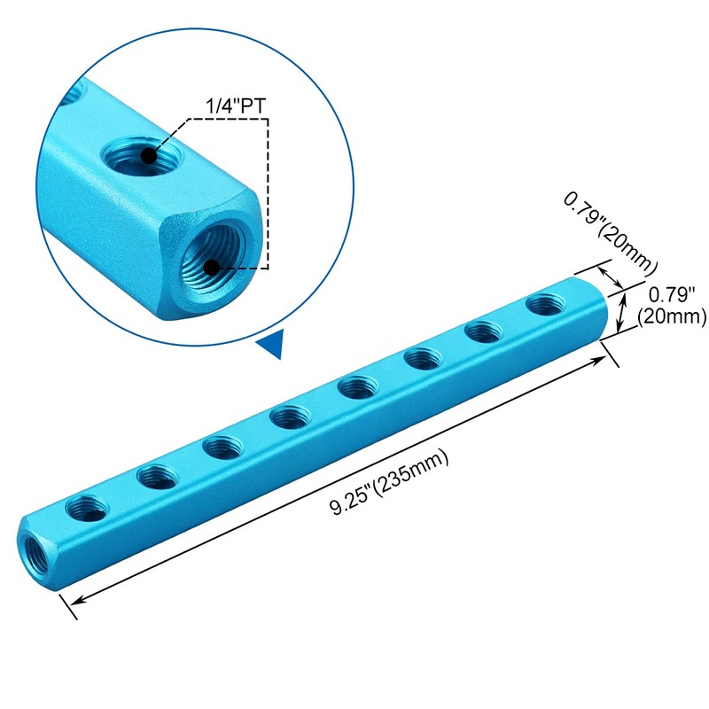 Baomain Aluminum Air Manifold Block, 8-Way 11-Port, 1/4" PT Threaded