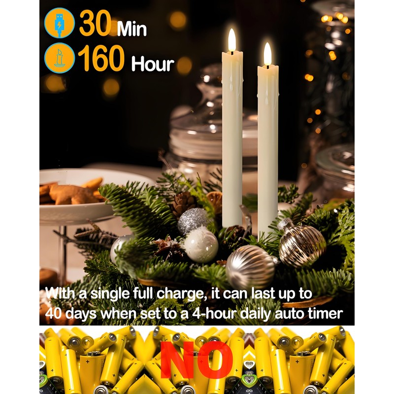 Gmnee 9.6" Rechargeable Flameless Taper Candles with Remote, Timer, Dimmer,