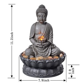 GOSSI 11.2 in Tall Indoor Decor Tabletop Buddha Fountain w/Reflective Lighting/Cobblestone Office and Home Decor