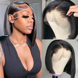 13x4 Lace Front Straight Short Bob Wigs Human Hair 150% Density Brazilian Virgin Straight Bob Wigs for Black Women Glueless Human Hair Bob Wigs Pre Plucked with Baby Hair Natural Color 10 Inch