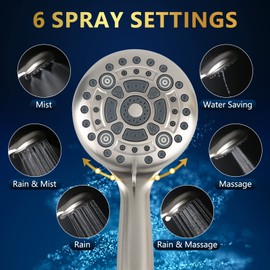 DAKINGS 6 Spray Modes High Pressure Handheld Showerhead Set Upgraded 5 Inches Shower Head with Handheld Spray Brushed Nickel Handheld Shower Head 60 Inches Stainless Steel Hose-1-Min Install
