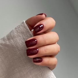 SXVME 48 Pcs Cherry Red False Nails Short Square, Burgundy Acrylic Press on Nails Short, Solid Color Glossy Gel Full Cover Fake Nails for Women Finger Decoration