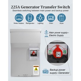 225A Generator Transfer Switch, 3P General-Duty Double-Throw Safety Switch, Multiple Insulation Protection, with Waterproof Cover, NEMA 3R Standards for Outdoor and Indoor