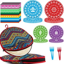 Zippered Tortilla Pouch 2 Pack (12'' & 10'') & Mexican Taco Party Tableware Set - 24 Servings, Cinco De Mayo Supplies Disposable Paper Plates and Napkins - Carnival Fiesta Party Birthday Decorations