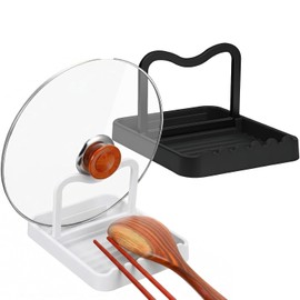 Pack of 2 Foldable Pot Lid Holder, Plastic Pot Lid Organiser, Multifunctional Lid Holder Kitchen with Cooking Spoon Rest, for Storage Pot Lid, Spoon, Chopsticks, etc. (Black and White 1)