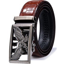 Barry.Wang Men's Leather Belt Black Ratchet Belt with 3 Automatic Buckles Adjustable Strap Business Gift Box, eagle burgundy silver
