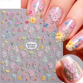 Spring Nail Art Stickers 5D Embossed Flower Nail Stickers Self Adhesive Daisy Morning Glory Bow Design Cute Nail Decals Colorful Floral Nail Supplies for Women Spring Summer Manicure Decorations 3Pcs