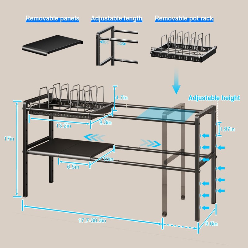 Mustorn Pots and Pans Organizer Under Cabinet, Expandable 2 Tier