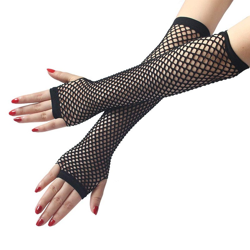 2 Pairs Long Fishnet Gloves, Black Fingerless Fishnet Gloves for