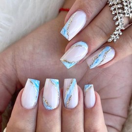 Press on Nails Short Coffin Fake Nails Smudge Glue on Nails Glossy False Nails with Gold Glitter Designs White and Blue Full Cover Acrylic Nails Simple and Natural Artificial Nails for Women 24 Pcs