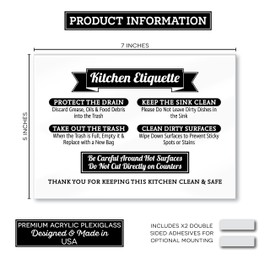 Acrylic 5x7 Kitchen Etiquette Sign, Sensitive Drain, No Dishes in Sink Sign, Kitchen Rules Sign Compatible with Airbnb Essentials for Hosts, Clean Up Reminder Home Office Kitchen Supplies Made in USA