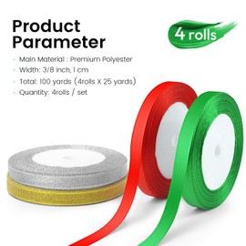 Quhora 4 Rolls 3/8" Christmas Glitter & Satin Ribbons Set, Total 100 Yards Xmas Holiday Ribbon for Gift Wrapping, Crafts, Festival Ornaments, Wedding Party Decoration