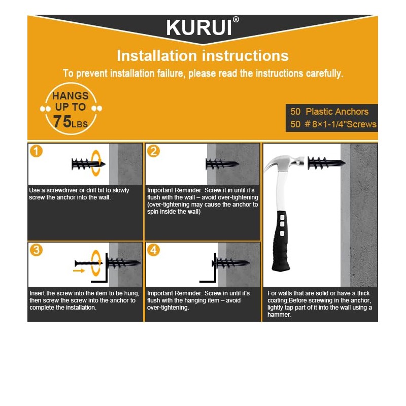 KURUI #8 Self Drilling Drywall Anchors with Screws Kit, Heavy