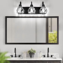 3-Light Bathroom Light Fixtures, Black Modern Bathroom Vanity Lights with Flower Glass Shade, Bathroom Wall Lamp for Mirror Bedroom Kitchen Living Room Hallway Cabinet Porch, E12 Bulbs Needed